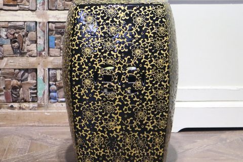 RZPZ29      Black background yellow carving flower design porcelain stool