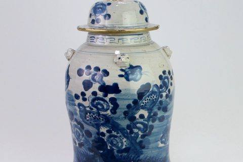 RZEY12-L-B-SMALL   Hand painted gold rim bird floral ceramic jar