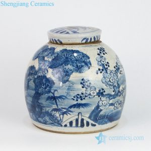 RZEY16-S-E  Old looking hand painted pine bamboo winter sweet clay jar