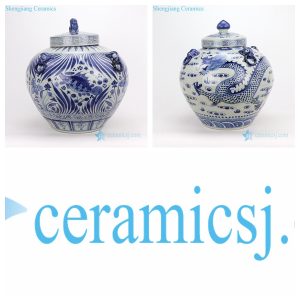 RZFH16-AB   Blue and white genuinely hand painted apple shape ceramic jar with fish or fragon pattern