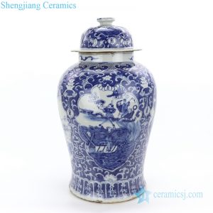 RZKT24-B   Antique style hand painted blue color immortals and farmer ceramic jar