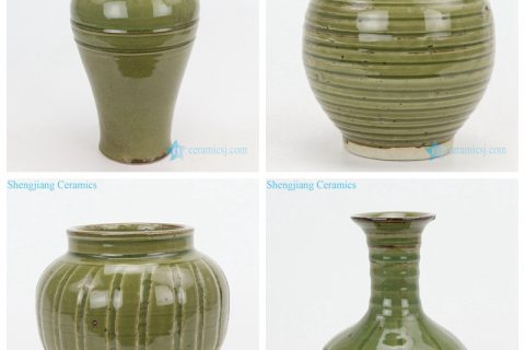 RZQJ06789   Hand carved old green ceramic vase for hotel exhibition
