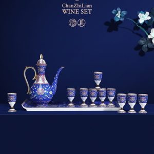 RYGJ02  Jingdezhen Cloisonne enamel medallion wine set with 14 imperial blue pieces
