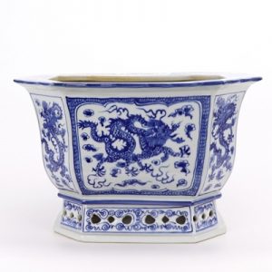 RYLU167-C   Archaized hand-painted blue and white flower pot with octagonal octagon, octagon and dragon design