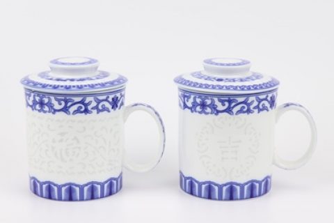 RYYY44-AorB Blue and white exquisite carving blessing with cover and water cup