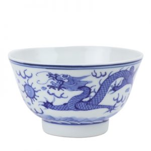 RZIN12 Blue and white double dragon play pearl cloud dragon grain 4 inch bowl