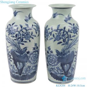 RZJG04  Antique hand-painted flower, bird, blue and white porcelain vase with wax gourd bottle
