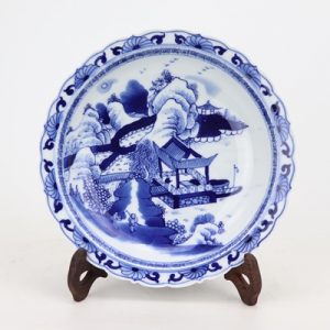 RZKS16-B-SMALL Archaize hand-painted blue and white landscape characters guarang kui mouth plate