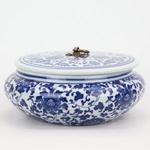 RZNV07  Tea canisters traditional blue and white wrapped lotus pattern with copper ring lid round flat belly