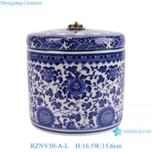 RZNV50-A-L Traditional blue and white lotus pattern with a copper ring lid round straight tube tea can of large size