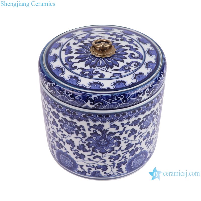 RZNV50-A-L Traditional blue and white lotus pattern with a copper ring lid round straight tube tea can of large size