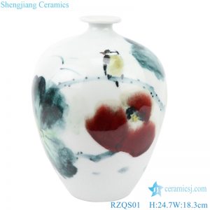 DS-RZQS Chinese style hand - painted ceramic desk lamp with lotus flowers and birds under glaze lampshade