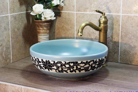 LJ20-006  Fashion blue and black flowers round shape ceramic sink