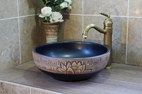 LJ20-009  China traditional dark blue brown lotus wash basin sink