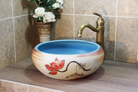 LJ20-018 Hand-painted lotus skyblue  round table basin