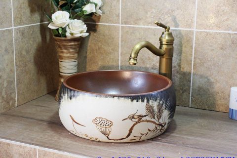 LJ20-019 Hand-painted lotus birds Brown  round wash sink
