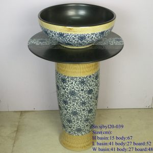 sjbyl120-039  Restaurant Nesting basin Antique wood grain blue and white inside black  porcelain pedestal sink