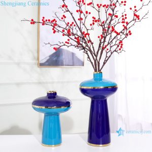 RZRV13-A-B Color glaze dry flower arrangement painted gold edge blue vase