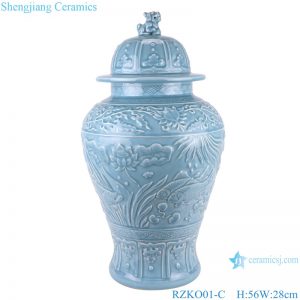 RZKO01-C Chinese light blue azure glaze carving ceramic storage jar