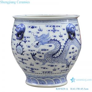 RZFH29-A Blue and white lion head double dragon play bead dragon grain big ceramic pot