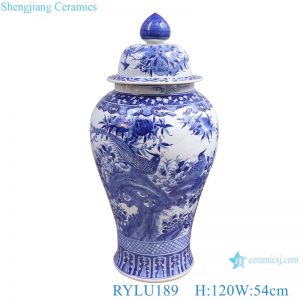 RYLU189 beautiful hand painted blue and white flower and bird pattern large ginger jar