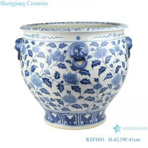 RZFH03-A hand painted blue and white lion head trim big flower pot fish tank water tank