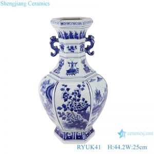 RYUK41  Blue and white flower pattern ceramic vase with ears and octagons