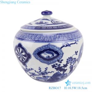 RZBO17 Blue and white flowers&birds, pine, bamboo and plum design tea canister storage tank