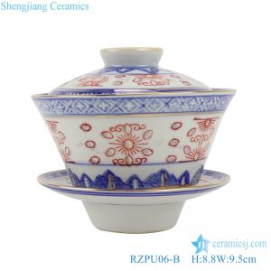 RZPU06-B Blue and white with color painting gold crane pattern three to cover bowl tea bowl