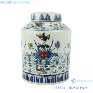 RZSZ01 Blue and white bucket color red lotus mandarin duck playing water flower & bird tea tank storage tank