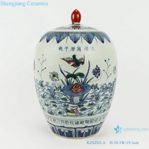 RZSZ02-A Blue and white bucket color lotus mandarin duck playing water flowers birds wax gourd pot storage tank