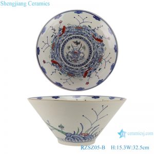 RZSZ05-B Blue and white fighting color mandarin duck playing water eight carp grain bowl
