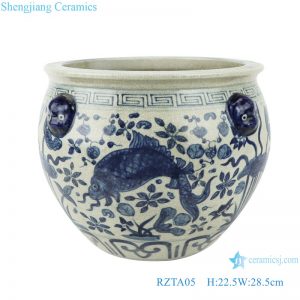 RZTA05 Antique blue and white lotus fish grass carp algae grain lion head ear small pot