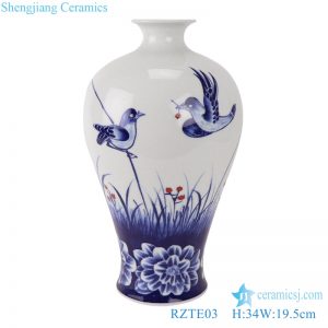 RZTE03 Blue and white glaze red bird peony pattern plum vase
