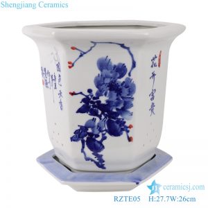 RZTE05 Blue and white peony pattern hexagonal flower pot with base