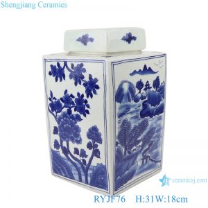RYJF76 Blue&white flowers and birds landscape pattern square pot tea canister