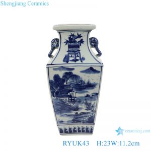 RYUK43 Blue and white landscape square amphora porcelain vases