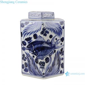 RZKR27 Home storage jars Blue and white porcelain antique polygon twinning flower Fish bubbles storage pot Tea Canister
