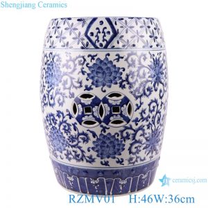 RZMV01 Blue&white entwined branch lotus copper money hole design stool