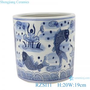 RZSI11 Blue and white fish and lotus pen holder small pot