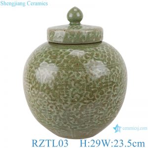 RZTL03 Color glaze crack light green carved twig pattern pot with lid