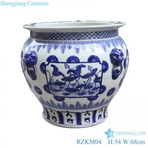 RZKM04 Blue and white handmade porcelain pots of lotus design with ears