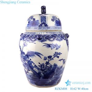 RZKM08 Blue&white porcelain flower&birds design ginger jar with lion head around sides
