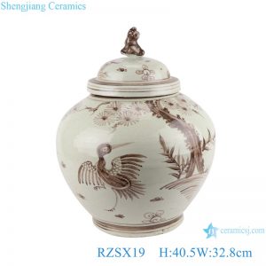 RZSX19 Blue and white Color Brown hand painted Bird and Crane Ceramic storage Ginger Jars with dog head lid