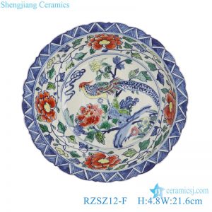 RZSZ12-F Antique Caragana Floral Bird Peony Flower Design Stripe Line Decorative Porcelain Plate