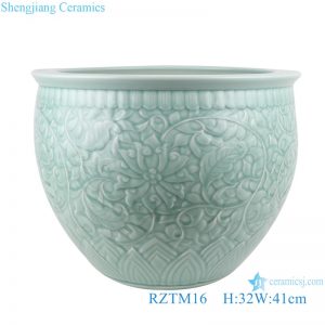 RZTM16 Sky cyan color Glazed Flower Carved Large ceramic water Tank Porcelain fishing pot