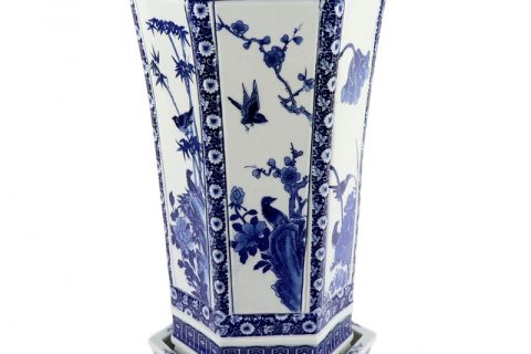 RYJF77 Blue and white Porcelain flower and bird six-square Ceramic planter vase with sauce