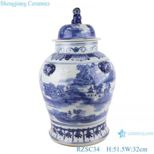 RZSC34 Blue and white Porcelain landscape design lion head general pots Storage Lidded Jars