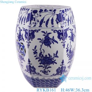 RYKB161 Porcelain Blue and White Pomegranate flower design hexagon shape Ceramic Drum Stool
