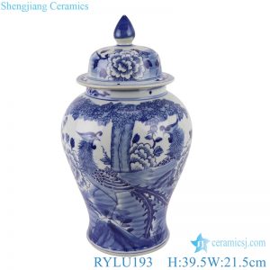 RYLU193 hand painted blue and white phoenix and flower pattern ceramic ginger jar